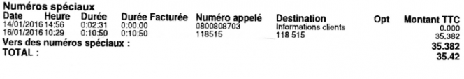 Une facture de téléphone de 35,42 € à cause des renseignements téléphoniques