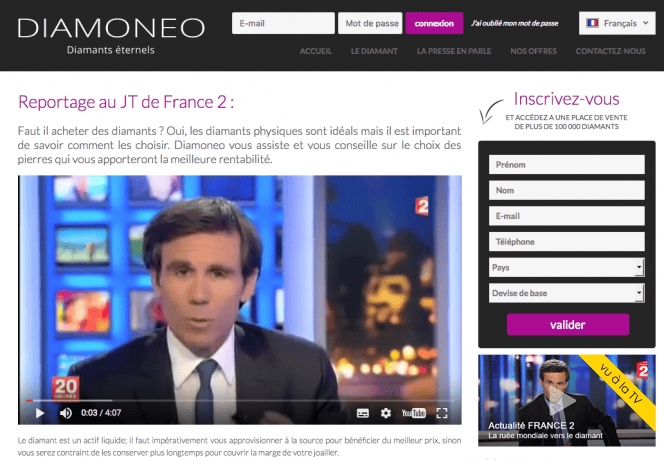 Page du site de Diamoneo présentant la vidéo de France 2 avec David Pujadas à l'écran