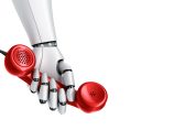 main de robot tenant un téléphone