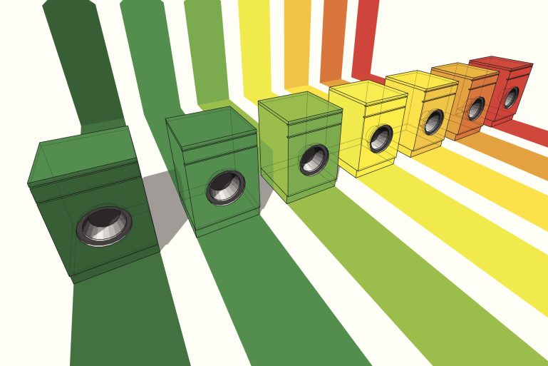 Une illustration de plusieurs lave-linge aux couleurs de l'étiquette énergie