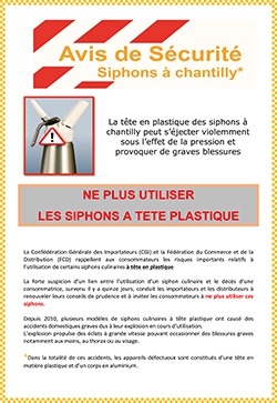 avis de sécurité - siphons à chantilly - ne plus utiliser les siphons à tête plastique