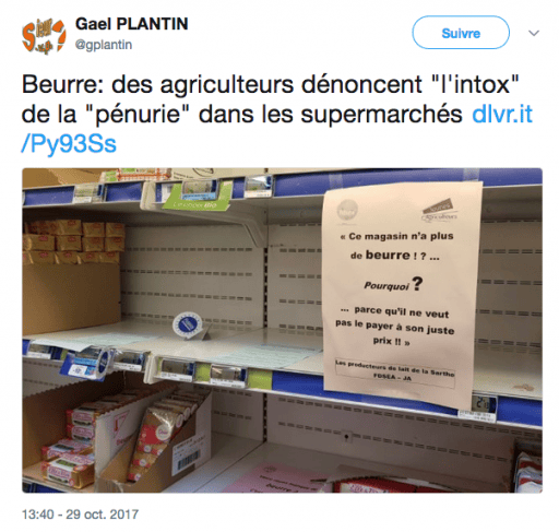 Message posté sur Tweeter à propos de la pénurie de beurre dans les rayons