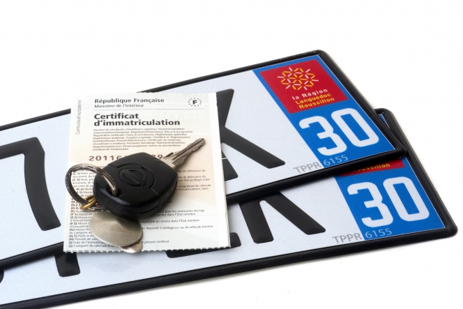 Plaques d'immatriculation, clés de voiture et carte grise