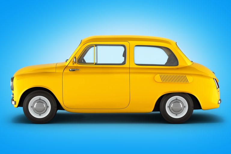 Une voiture jaune sur fond bleu