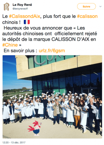 Message posté sur Tweeter par @Leroyreneoff à propos de la victoire du calisson d'Aix face au fabricant chinois