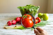 Des légumes sur une table sont étudiés à la loupe