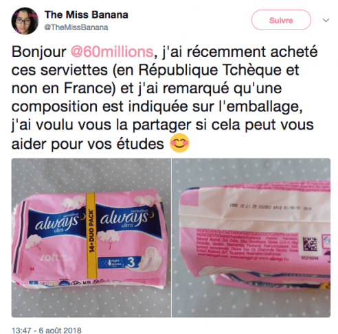 Message posté sur Tweeter par @TheMissbanana à propos de la composition des serviettes Always en République tchèque