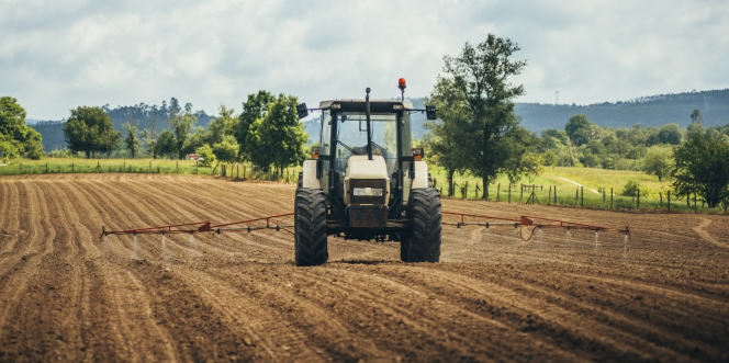 Un tracteur traite un champ avant semis