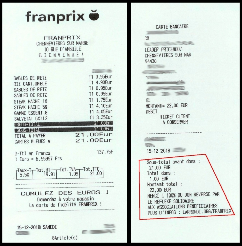 Ticket de caisse Franprix avec message sur le micro-don