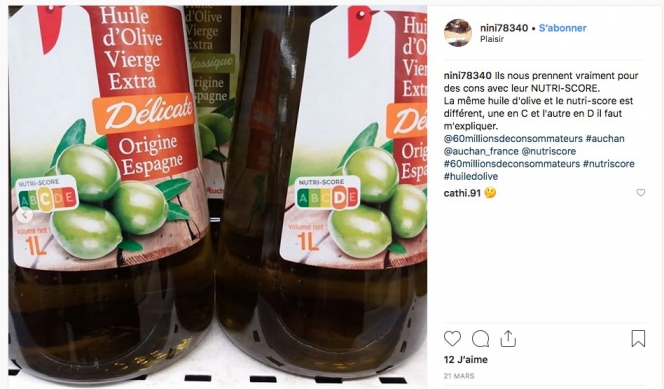 erreur de Nutri-Score sur huile d'olive Auchan