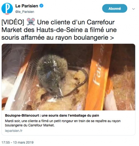 [VIDÉO] Une cliente d'un Carrefour Market des Hauts-de-Seine a filmé une souris affamée au rayon boulangerie