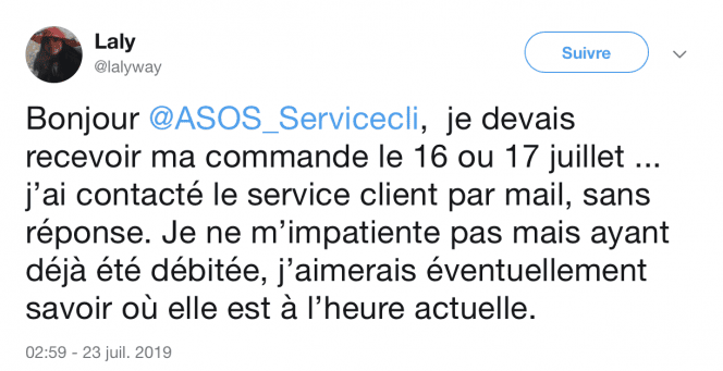 Tweet de lalyway qui se plaint de ne pas avoir reçu sa commande Asos