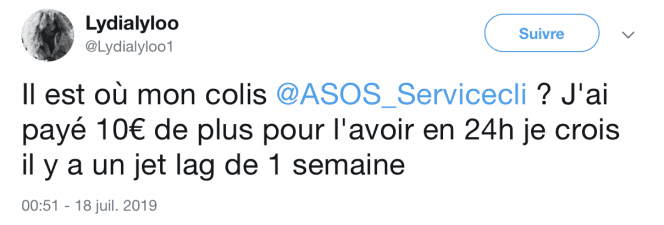 Tweet de Lydialyloo1 qui n’a pas reçu sa commande Asos en 24 heures