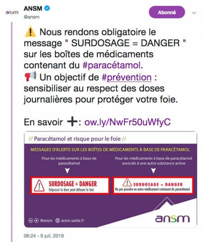 Nous rendons obligatoire le message " SURDOSAGE = DANGER " sur les boîtes de médicaments contenant du #paracétamol. Un objectif de #prévention : sensibiliser au respect des doses journalières pour protéger votre foie.