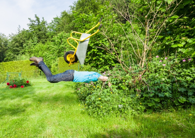 Un homme saute dans un buisson dans un jardin