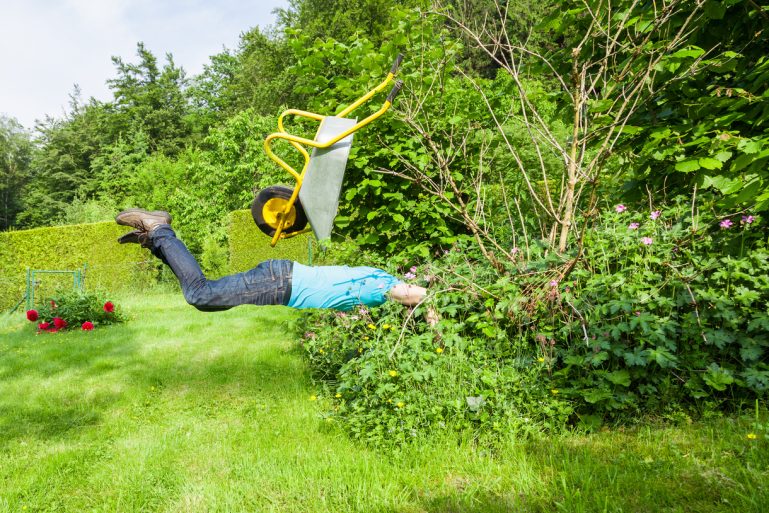 Dans un jardin, un homme saute dans un buisson