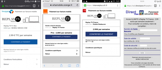 Quatre captures d’écran de demande de confirmation d’abonnement pour chaque opérateur