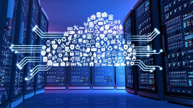 Nuage cloud formé de petites icones, relié à plusieurs serveurs informatiques