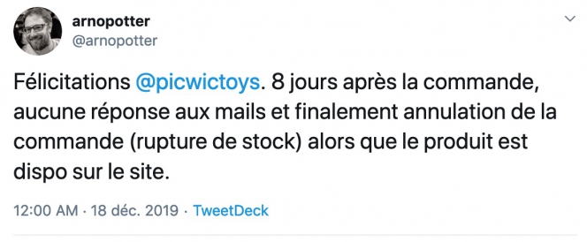 Capture d'écran d'un message Twitter à propos de PicWicToys
