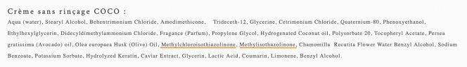 Liste des ingrédients de la crème sans rinçage coco de la marque Nicky Paris