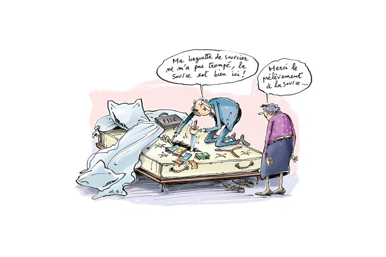 dessin d’un inspecteur des impôts et d’une contribuable : “merci le prélèvement à la source”