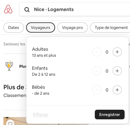 Le formulaire Airbnb à remplir sur le nombre de voyageurs lors de la réservation