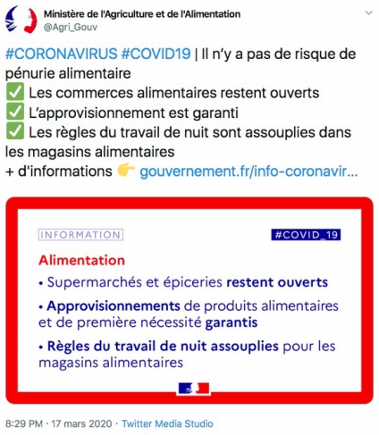 Ministère de l’Agriculture et de l’Alimentation @Agri_Gouv #CORONAVIRUS #COVID19 | Il n’y a pas de risque de pénurie alimentaire Les commerces alimentaires restent ouverts  L’approvisionnement est garanti  Les règles du travail de nuit sont assouplies dans les magasins alimentaires