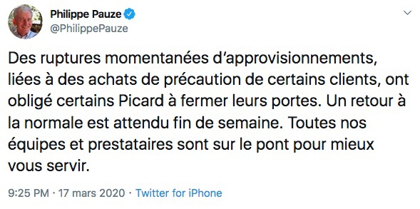 Des ruptures momentanées d’approvisionnements, liées à des achats de précaution de certains clients, ont obligé certains Picard à fermer leurs portes. Un retour à la normale est attendu fin de semaine. Toutes nos équipes et prestataires sont sur le pont pour mieux vous servir.