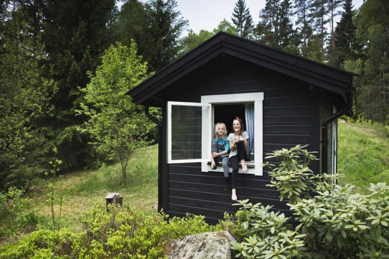 Deux enfants à la fenêtre d’un chalet dans la montagne en été