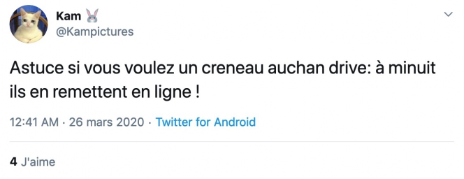 Message Twitter d’un internaute qui commande sur drive à minuit