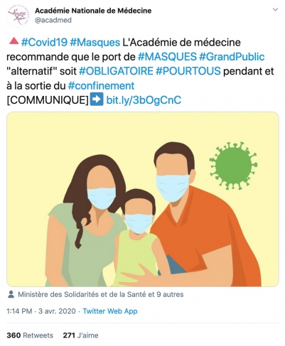 Tweet de l’Académie nationale de médecine qui recommande le port du masque