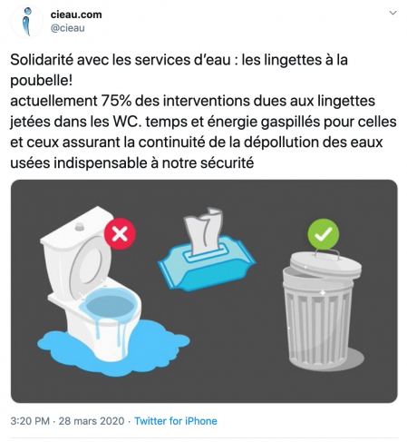 Tweet du CIEau plaidant pour le jet des lingettes à la poubelle plutôt que dans les toilettes