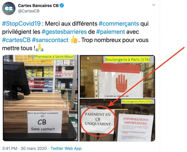 Tweet du Groupement cartes bancaires : “Merci aux commerçants qui privilégient les gestes barrières de paiement”