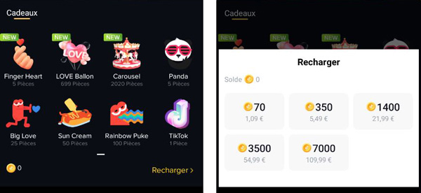 copie d'écran de TikTok : à gauche, les cadeaux ; à droite, le prix d’achat des “pièces”