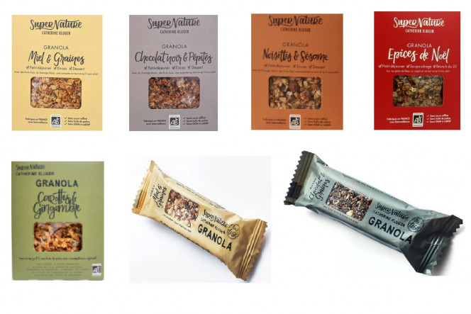 Granolas miel et graines, chocolat cru et cuit, sésame noisette, épices noël, carotte ginger et barres granola miel graines et chocolat graines Supernature Catherine Kluger