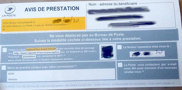 avis de prestation déposé par La Poste