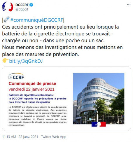Ces accidents ont principalement eu lieu lorsque la batterie de la cigarette électronique se trouvait - chargée ou non - dans une poche ou un sac. Nous menons des investigations et nous mettons en place des mesures de prévention. Index pointant vers la droite https://bit.ly/3qGnkDJ