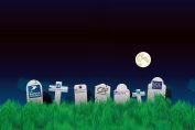 tombes dans un cimetière avec des logos de banques