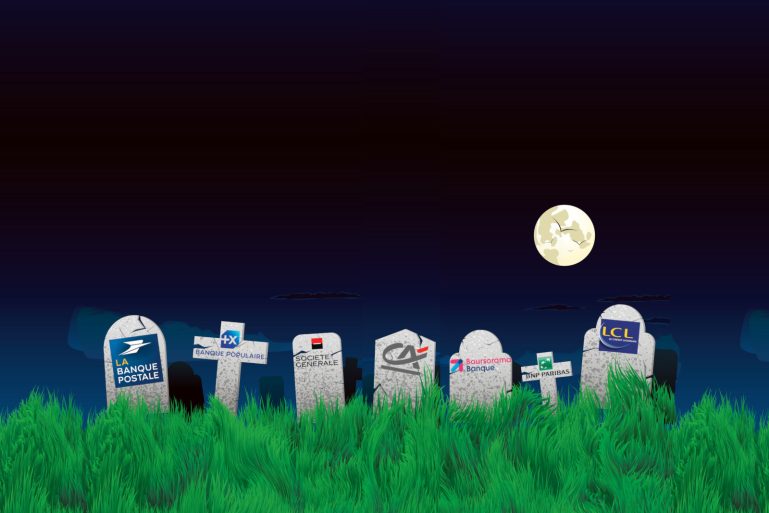 tombes dans un cimetière avec des logos de banques