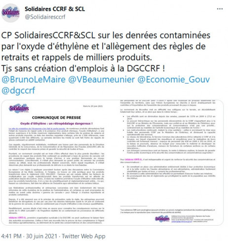 CP SolidairesCCRF&SCL sur les denrées contaminées par l’oxyde d’éthylène et l’allègement des règles de retraits et rappels de milliers produits. Tjs sans création d’emplois à la DGCCRF !