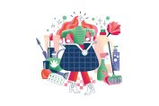 Femme dessinée au milieu de produits de beauté, de produits ménagers et d'un porte-monnaie