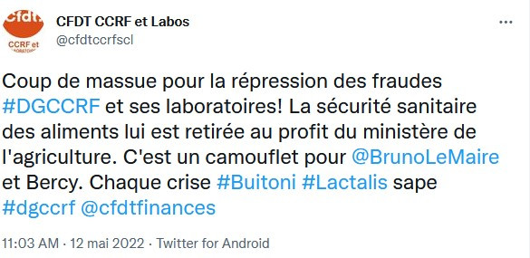 Coup de massue pour la répression des fraudes #DGCCRF et ses laboratoires! La sécurité sanitaire des aliments lui est retirée au profit du ministère de l’agriculture. C’est un camouflet pour  @BrunoLeMaire  et Bercy. Chaque crise #Buitoni #Lactalis sape #dgccrf  @cfdtfinances