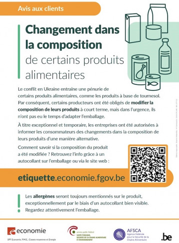 affichette belge “avis aux clients - changement dans la composition de certains produits alimentaires”