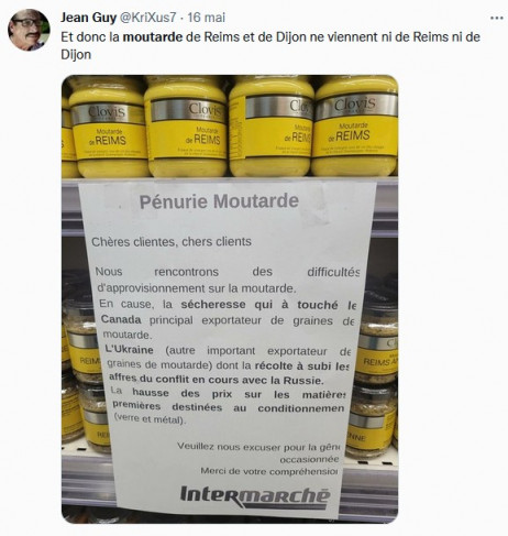 affichette Intermarché annonçant une pénurie de moutarde d’Ukraine et du Canada