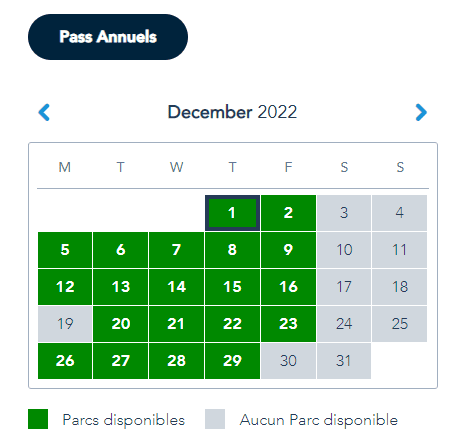 Calendrier des réservations Disney pour les pass annuels (décembre)