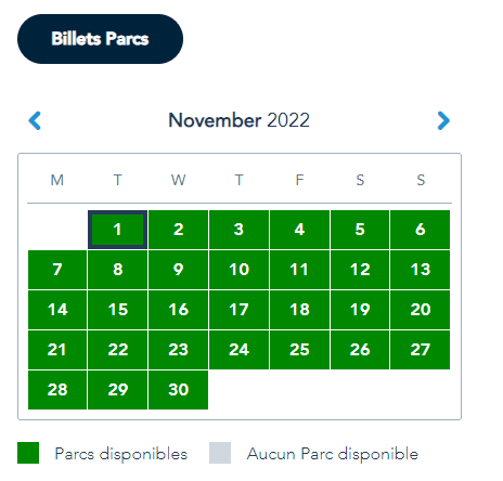 Calendrier des réservations Disney billets classiques novembre