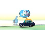 dessin d’un blessé prenant le taxi pour un autre hôpital