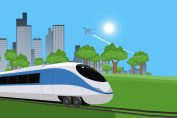 un train et un avion sous le soleil