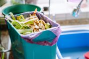 Une mini poubelle de compostage pleine dans une cuisine