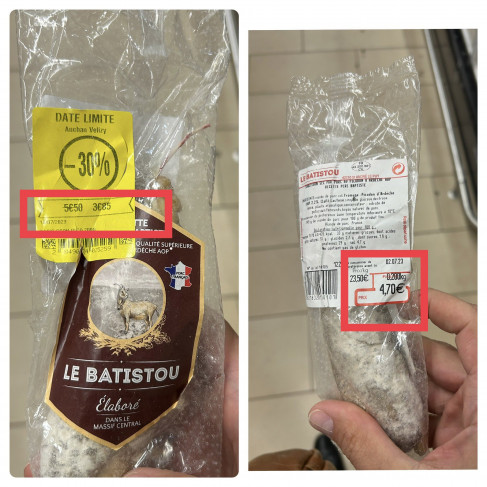 Pirx barré gonflé sur un saucisson au rayon anti-gaspi d'un magasin Auchan